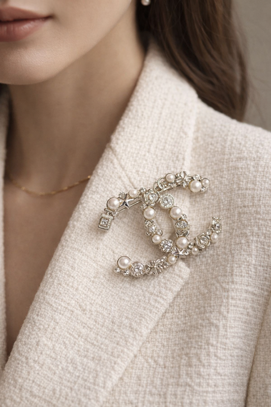 Crystal and Pearl Embellished Interlocking Brooch