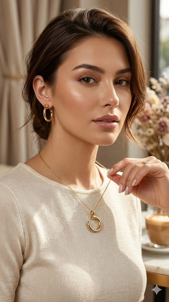 Gold Nail-Design Pendant Necklace & Hoop Earring Set