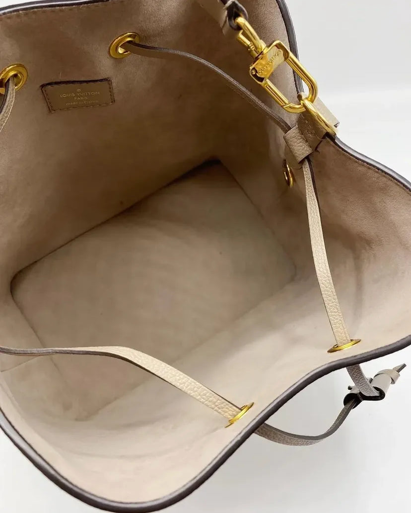 Monogram Bucket Bag in Taupe – Drawstring Shoulder & Crossbody, Spacious Everyday Purse