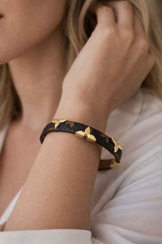 Slim Monogram Leather Bangle - Gold Floral Studded Bracelet