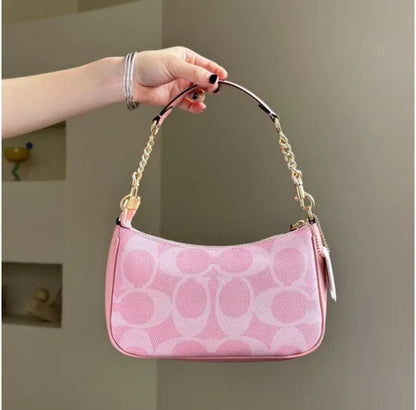 Blush Pink Monogram Shoulder Bag – Mini Crescent Design with Gold Chain