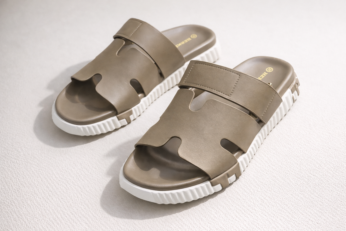 Cut-Out Wide Strap Slide Sandals with Serrated Platform Sole