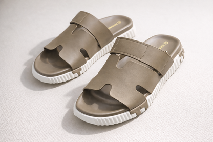 Cut-Out Wide Strap Slide Sandals with Serrated Platform Sole
