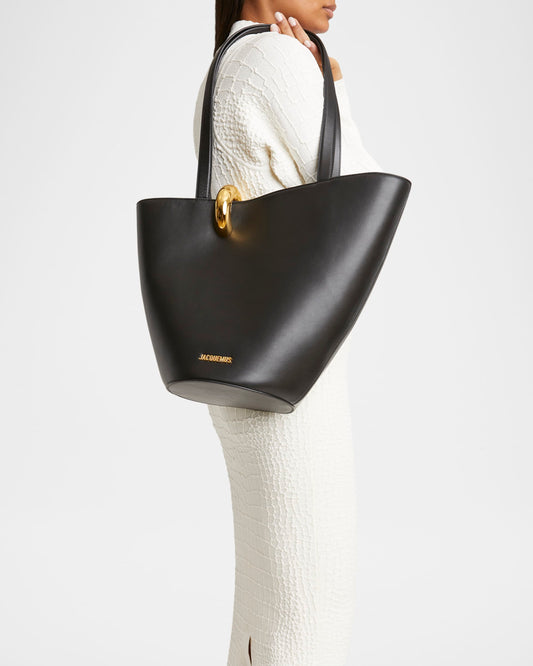 Sculptural Bucket Tote in Black – Large Shoulder Work Bag with Ring Detail
