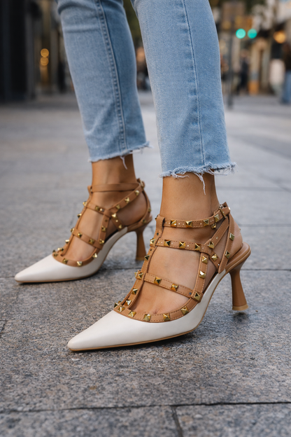 Studded T-Strap Pointed Toe Pumps - Elegant Mid-Heel Stilettos
