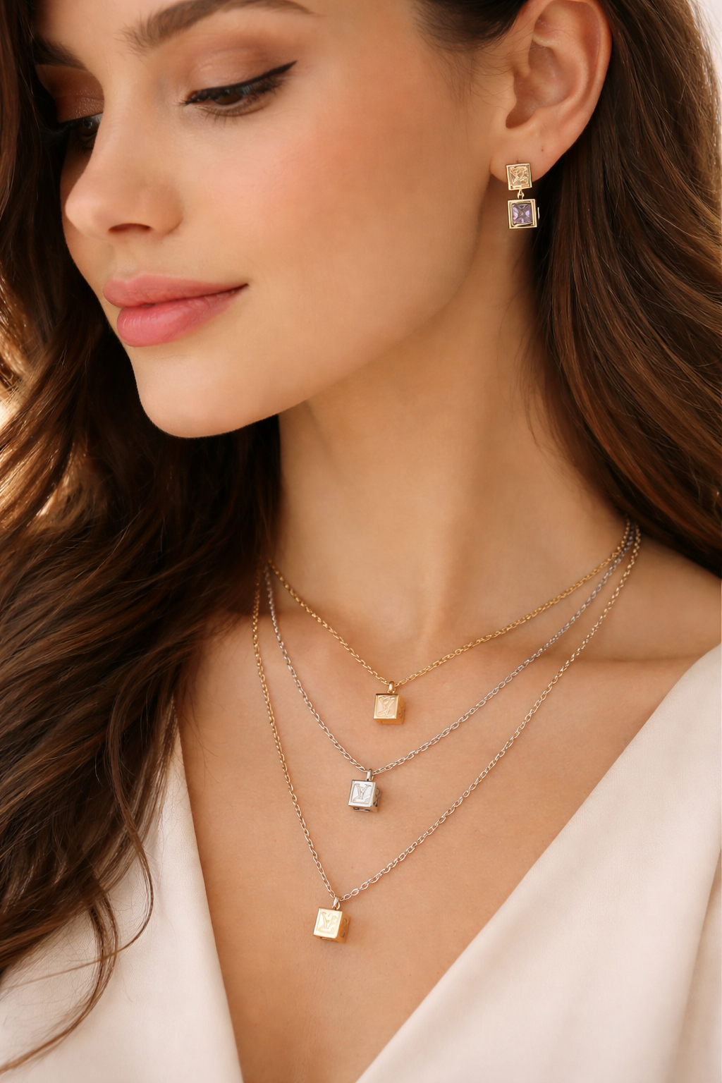 3-Piece Geometric Cube Pendant Necklace & Earring Set