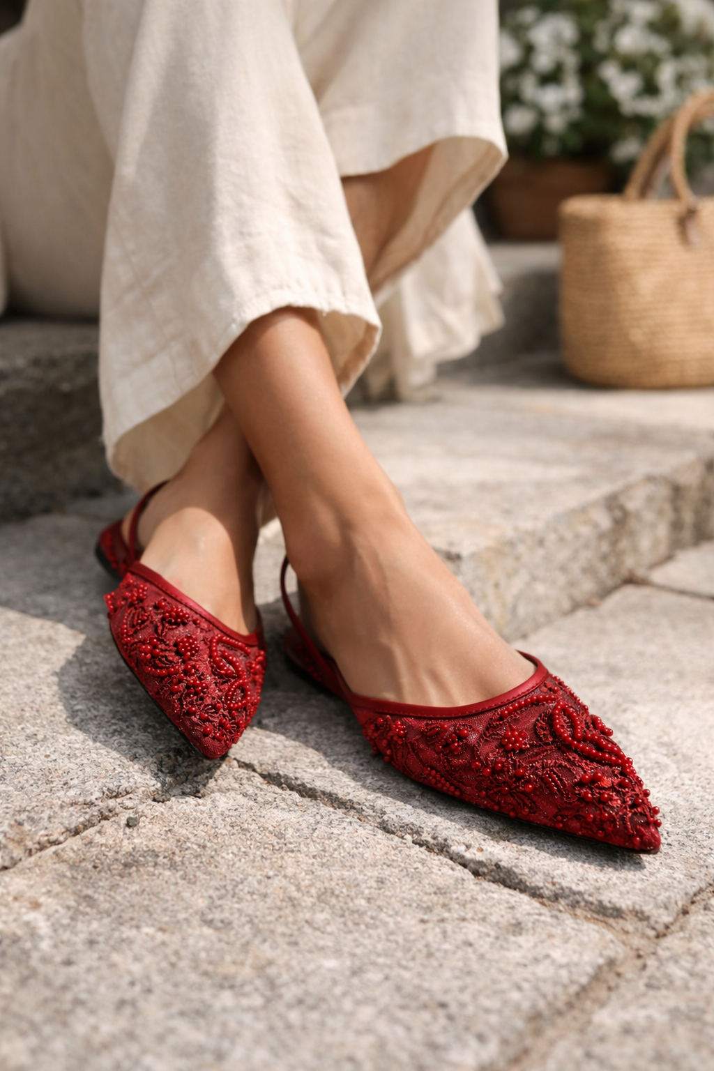 Pointed Toe Embellished Mesh Slingback Flats – Bridal & Evening Shoes