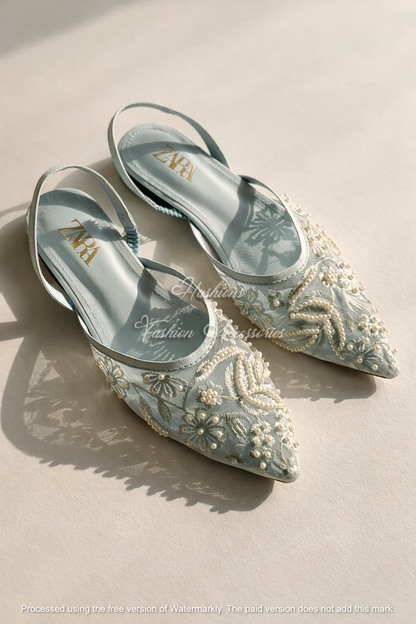 Pointed Toe Embellished Mesh Slingback Flats – Bridal & Evening Shoes