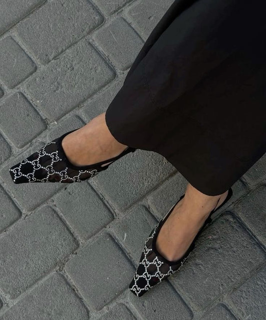 Black Crystal Mesh Slingback Kitten Heels – Luxury Rhinestone Evening Pumps