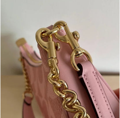 Blush Pink Monogram Shoulder Bag – Mini Crescent Design with Gold Chain