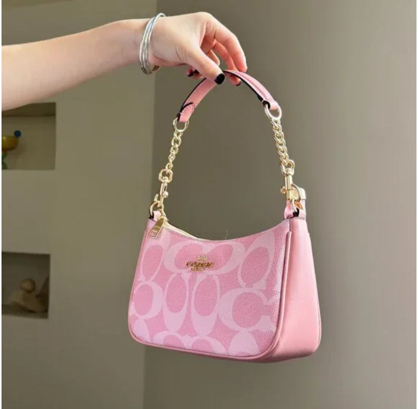 Blush Pink Monogram Shoulder Bag – Mini Crescent Design with Gold Chain