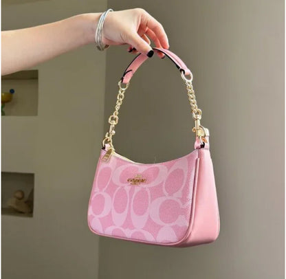 Blush Pink Monogram Shoulder Bag – Mini Crescent Design with Gold Chain