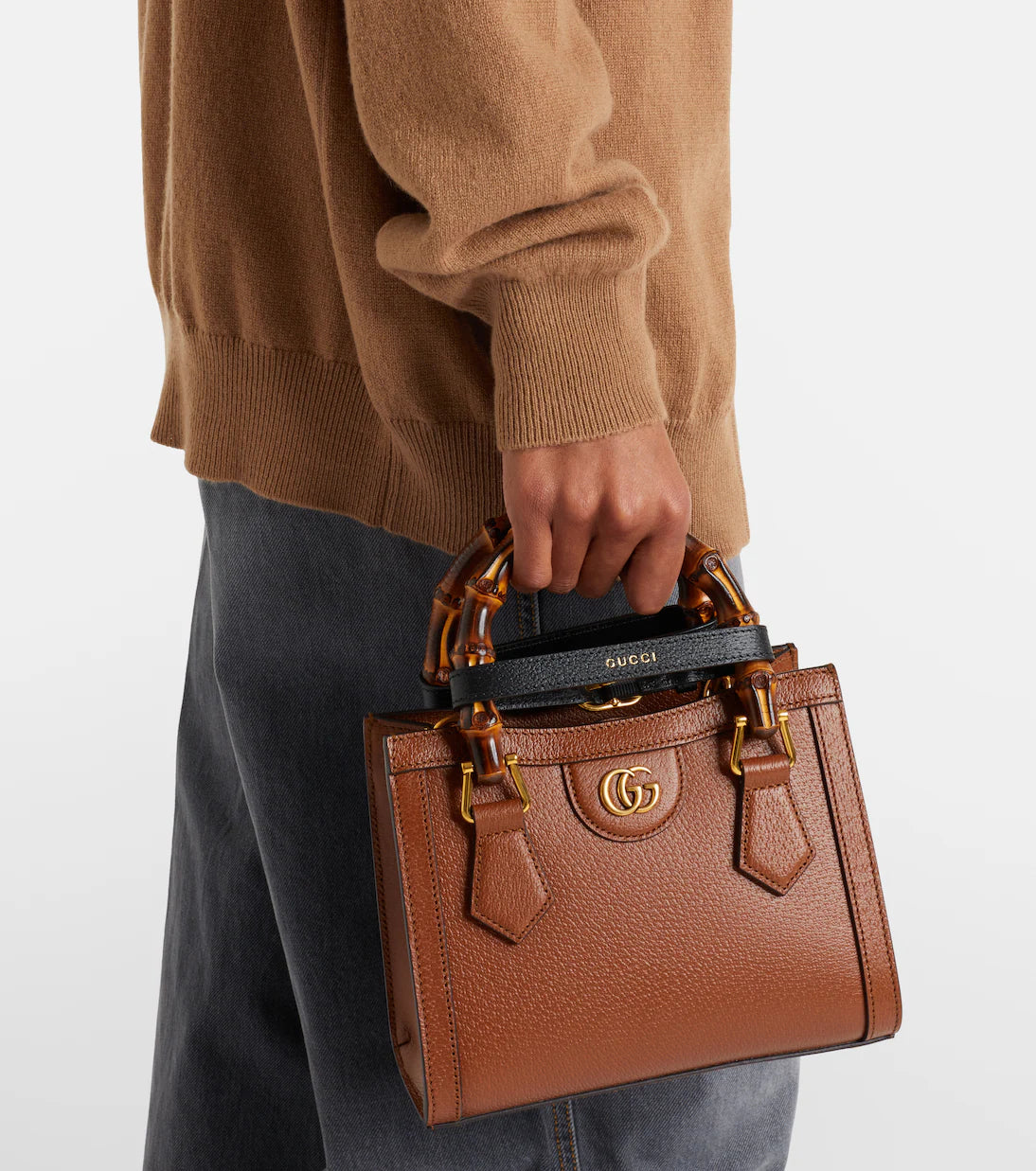 Vintage Mini Leather Tote with Natural Bamboo Top Handle