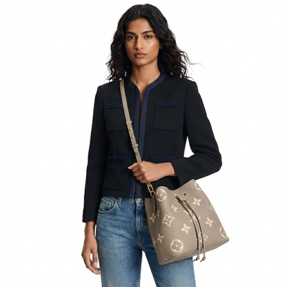 Monogram Bucket Bag in Taupe – Drawstring Shoulder & Crossbody, Spacious Everyday Purse