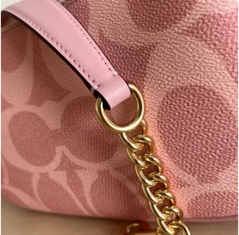 Blush Pink Monogram Shoulder Bag – Mini Crescent Design with Gold Chain