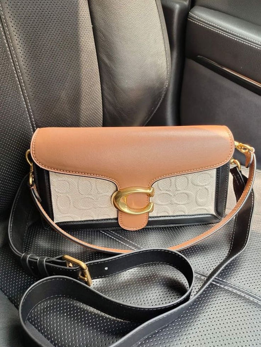 Classic Coach C-Buckle Shoulder Bag – Tan & Canvas Elegance