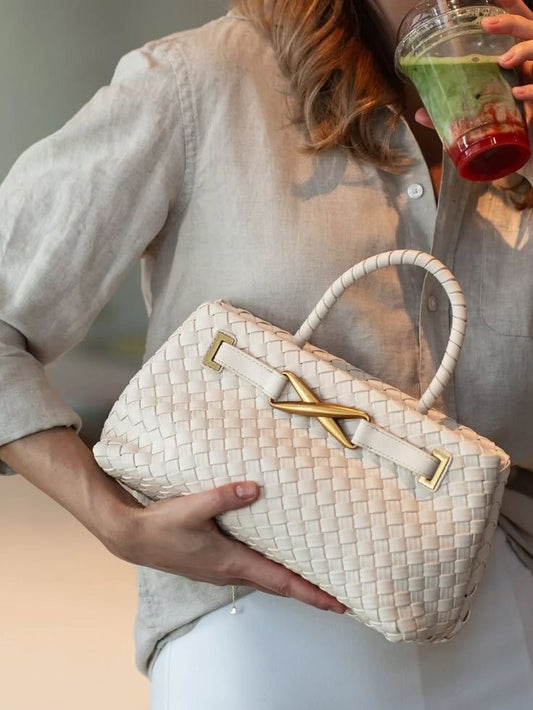 Woven Leather Cross-Bar Satchel