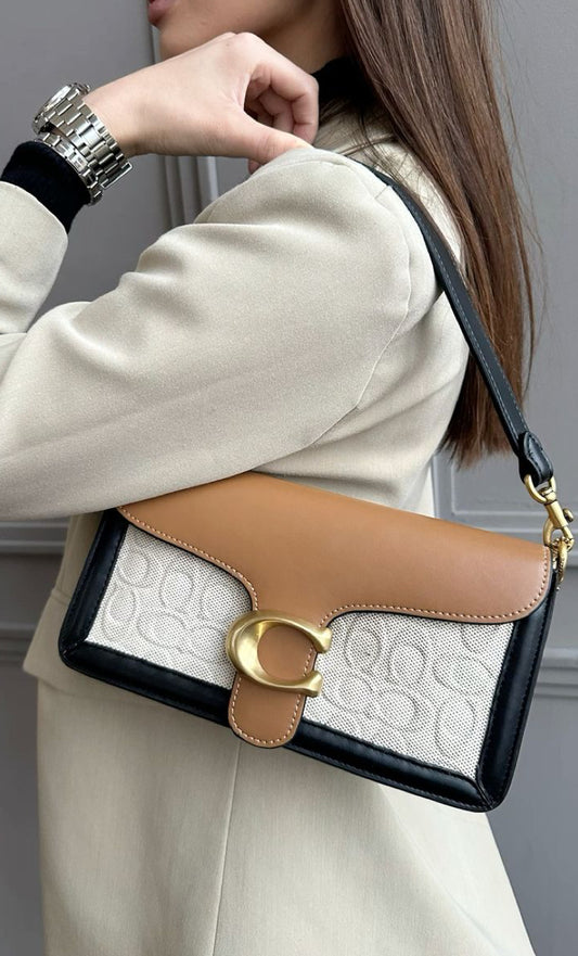 Classic Coach C-Buckle Shoulder Bag – Tan & Canvas Elegance