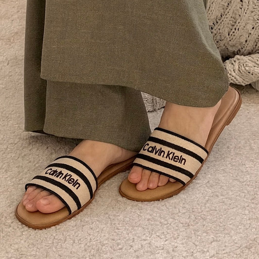 Striped Slip-On Flats for Women – Beige Comfort Slides with Double Band Design