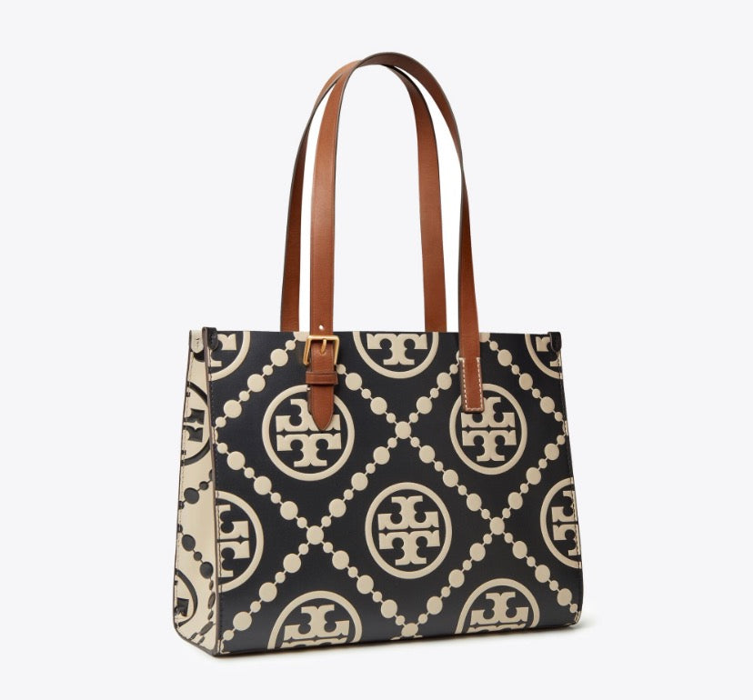Large Lattice Print Shopper Tote – Black/Cream, Long Straps, Structured Base