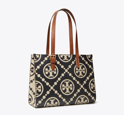 Large Lattice Print Shopper Tote – Black/Cream, Long Straps, Structured Base