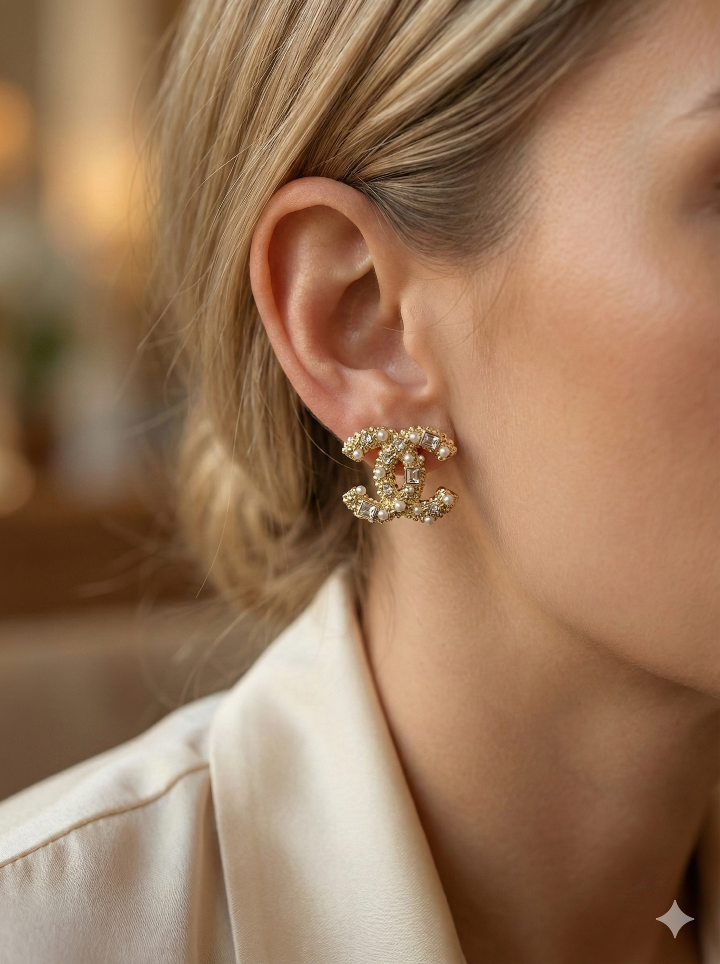 Pearl & Crystal Double-C Style Stud Earrings – Gold Tone Statement Earrings for Women