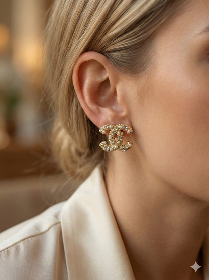 Pearl & Crystal Double-C Style Stud Earrings – Gold Tone Statement Earrings for Women