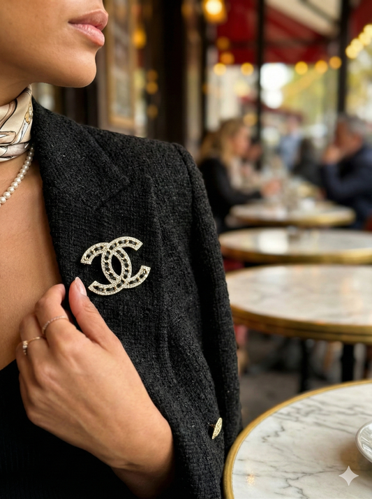 Crystal Chain Double-C Brooch – Gold Tone Statement Brooch for Women