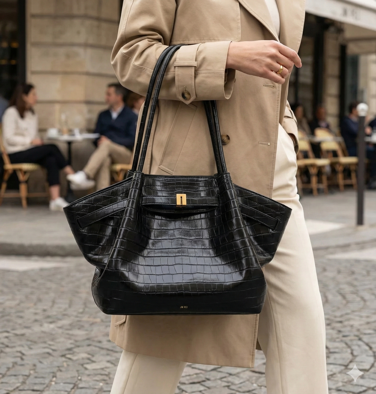 Croc-Embossed Medium Tote Bag for Women – Structured Black Handbag