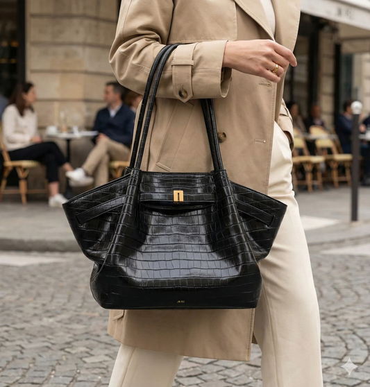 Croc-Embossed Medium Tote Bag for Women – Structured Black Handbag