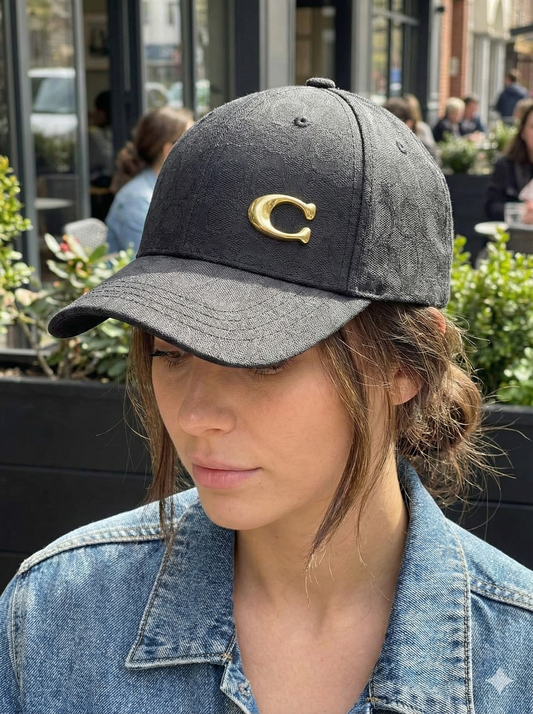 Unisex Monogram Baseball Cap with Gold Accent – Adjustable Fashion Hat (Grey & Black)