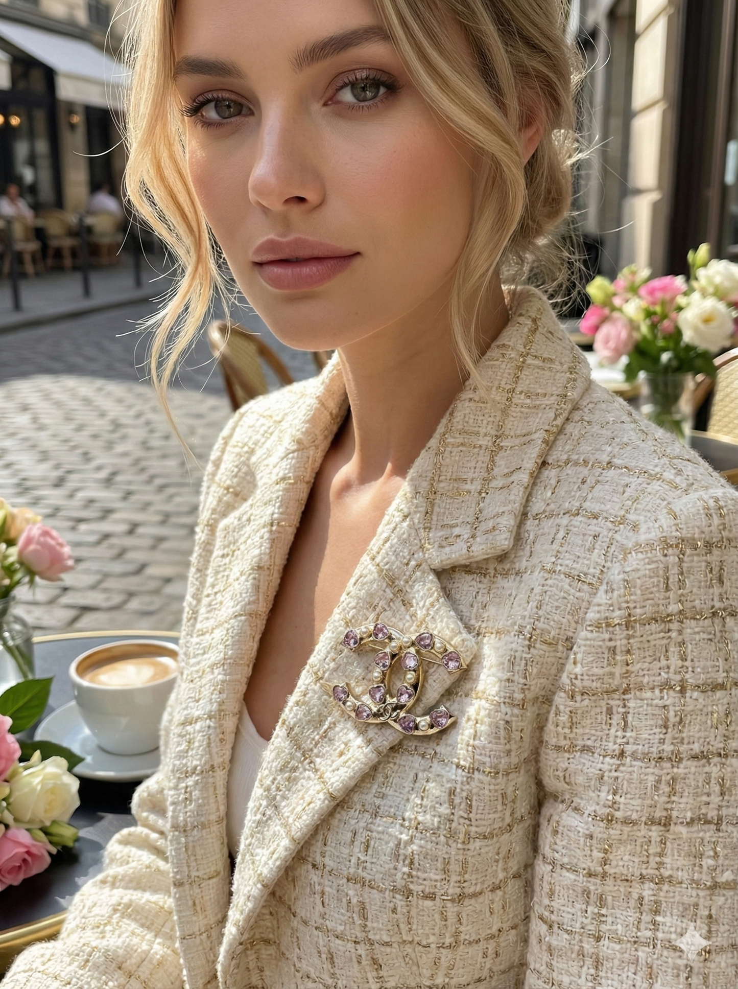 Gold Tone Interlocking C Brooch with Pink Crystal Hearts & Pearls – Luxury Statement Pin