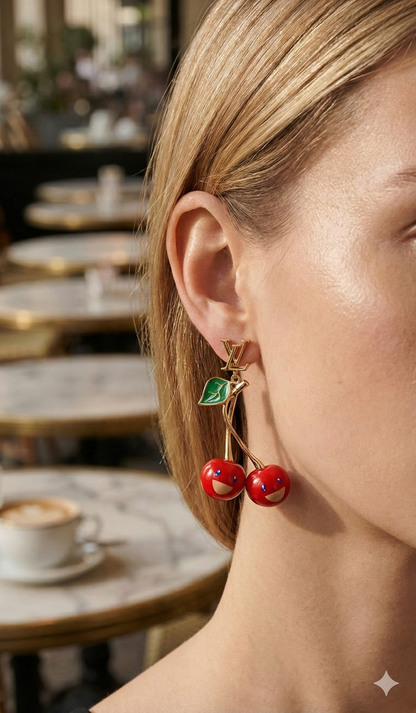 Cherry Drop Earrings for Women – Gold Tone Statement Earrings with Red Cherry Charms