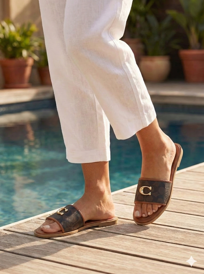 Premium Brown & Black Slip-On Flat Sandals for Women – Comfort Sole, Gold Buckle Detail, Everyday Casual Flats