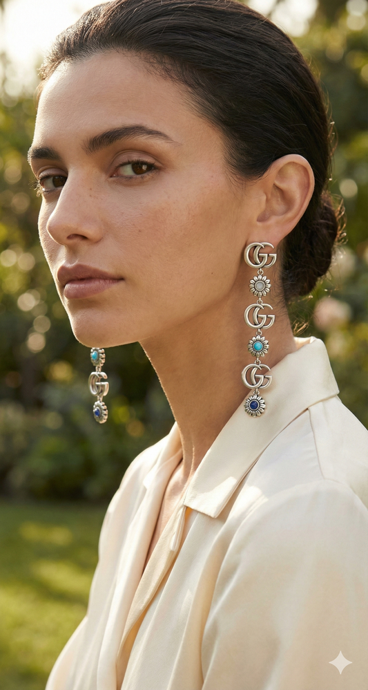 Vintage Silver Floral Charm Earrings with Turquoise and Blue Stone Accents