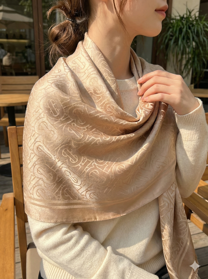 Luxury Satin Silk Scarf for Women – Soft Monogram Style Printed Silk Stole