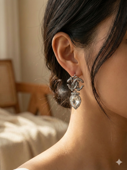 Antique Silver Snake Drop Earrings with Crystal Teardrop Stone