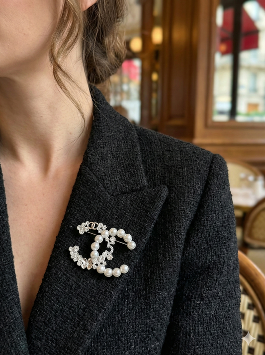 Pearl & Crystal Interlocking C-Shape Brooch – Silver Tone Statement Brooch for Women