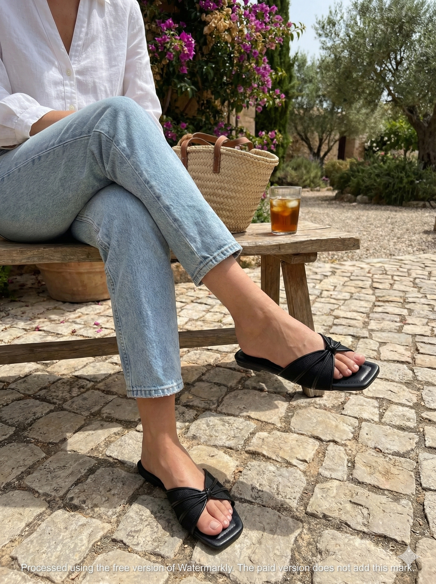 Gold Metallic Knot Slide Sandals - Mesh Bow Square Toe Flats