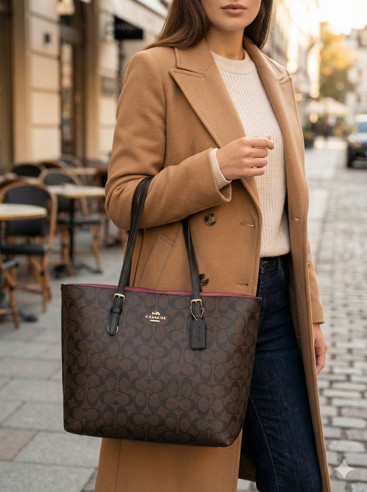 Large Monogram Zip-Top Tote – 18" Shoulder Bag with Pockets (4 Colors)