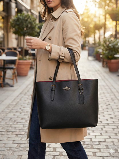 Large Black Zip-Top Tote Bag – 18" Work Shoulder Bag with Red Lining