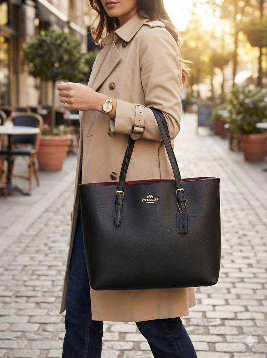 Large Black Zip-Top Tote Bag – 18" Work Shoulder Bag with Red Lining