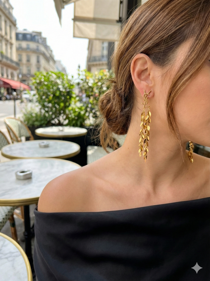 Gold Leaf Drop Earrings | Elegant Long Dangle Statement Jewellery for Women