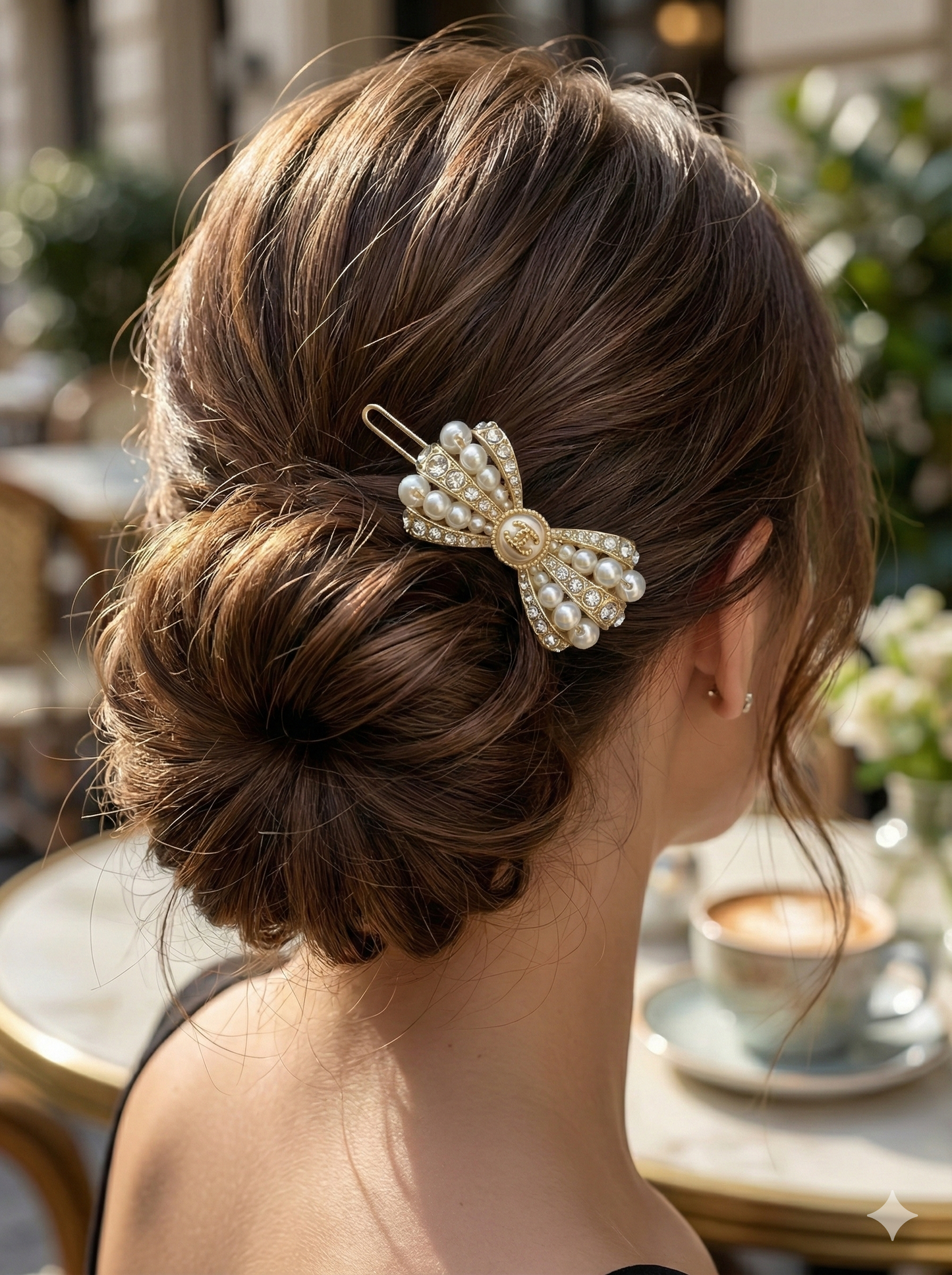 Gold Tone Pearl & Crystal Bow Hair Clip – Luxury Rhinestone Ribbon Barrette