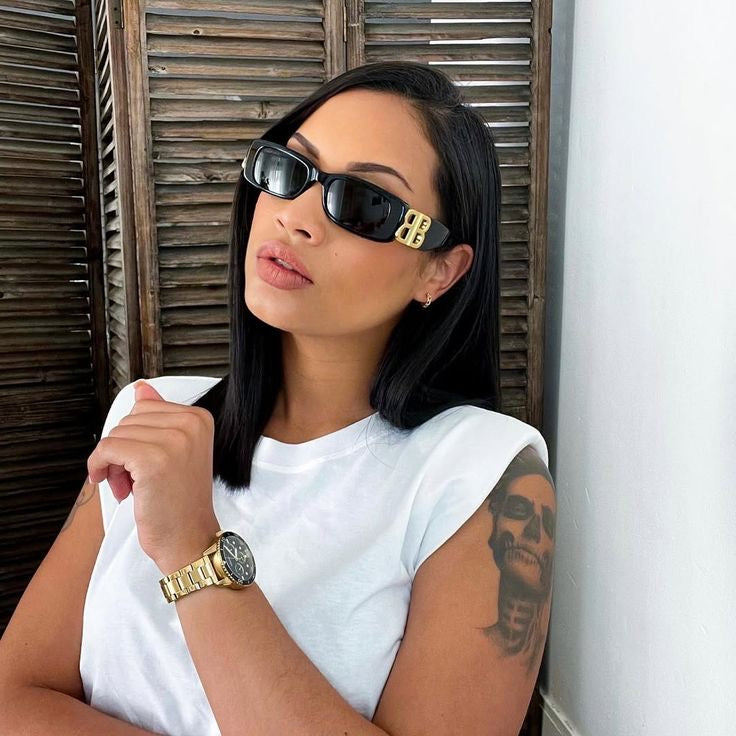 Rectangular Black Sunglasses – Luxury Gold Temple Statement Shades