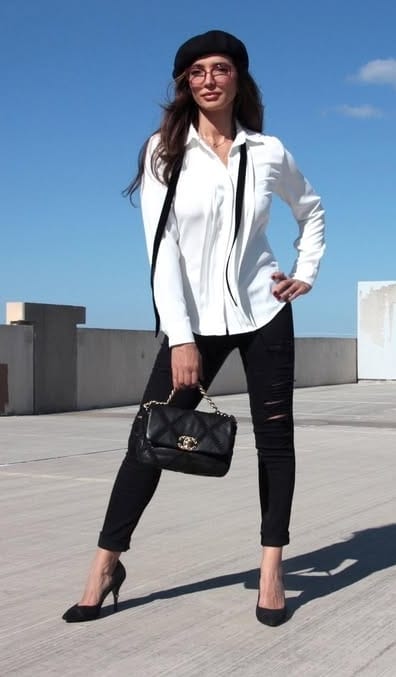 Hand-Crocheted Quilted Flap Crossbody/Shoulder Bag with Chain & Top Handle – Black