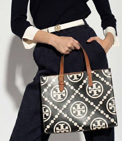 Large Lattice Print Shopper Tote – Black/Cream, Long Straps, Structured Base