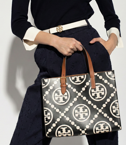 Large Lattice Print Shopper Tote – Black/Cream, Long Straps, Structured Base