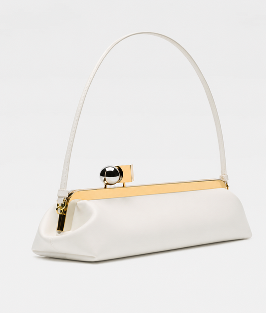 White Frame Shoulder Clutch – Kiss-Lock Evening/Bridal Bag with Top Handle