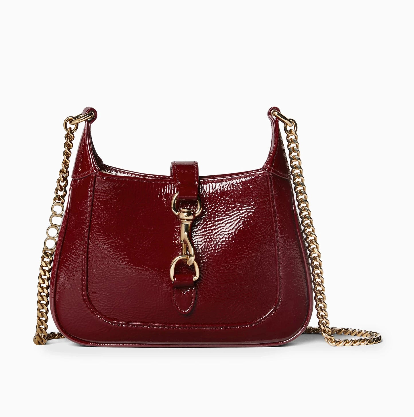 Mini Patent Hobo Shoulder Bag with Horsebit Hardware & Chain Strap – Maroon / White